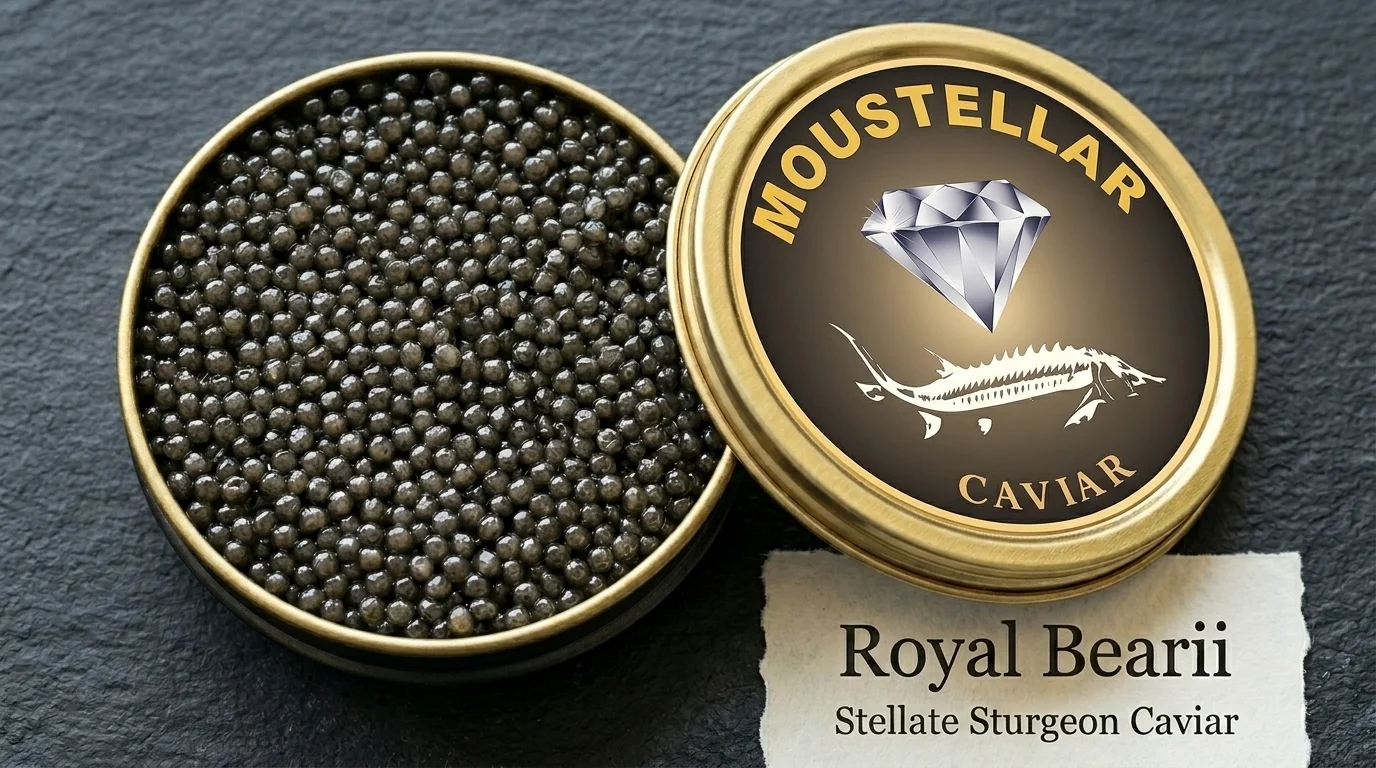 Close-up of large, glossy dark umber Royal Baerii caviar pearls from Huso dauricus sturgeon