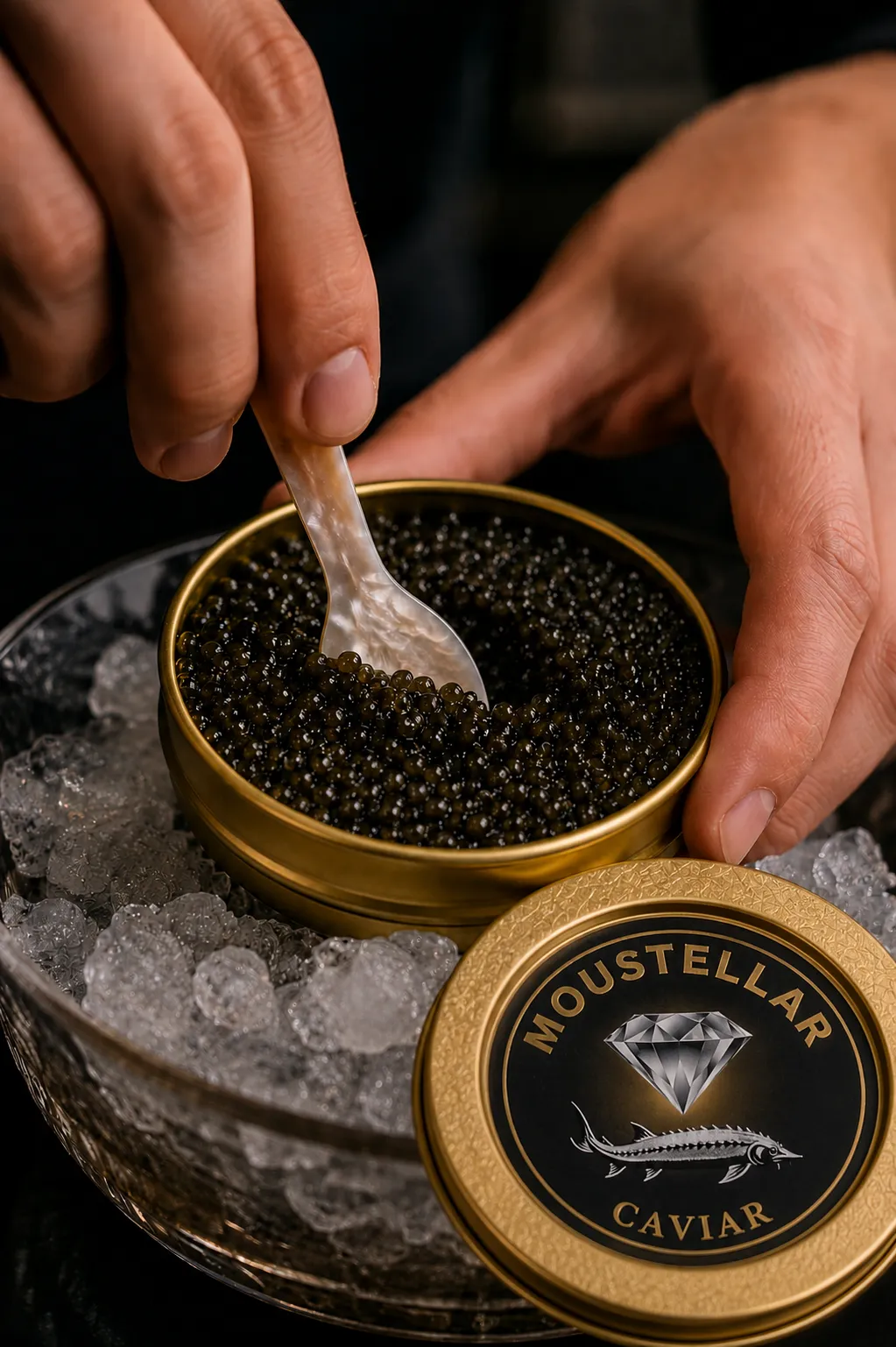 Serving moustellar caviar with a mother-of-pearl spoon