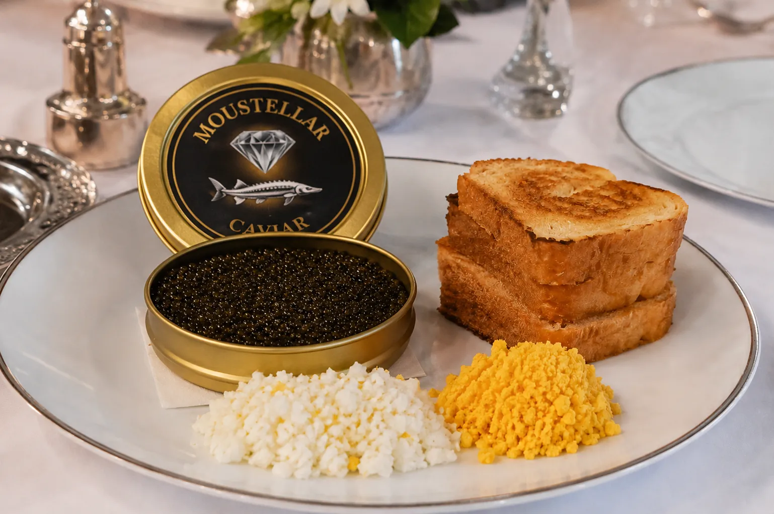 Soft-set eggs and brioche served with caviar